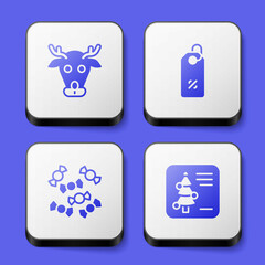 Set Reindeer, Discount percent tag, Candy and Christmas postcard icon. White square button. Vector