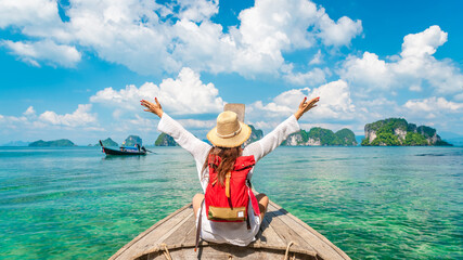 Happy traveler woman on boat joy fun nature view scenic landscape group of island Krabi, Attraction famous place tourist travel Phuket Thailand summer holiday vacation trip, Beautiful destination Asia