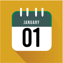 January day 1. Number one on a white paper with green border on a yellows background, calendar sheet. Vector illustration.