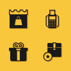 Set Shopping day, Carton cardboard box, Gift and POS terminal icon with long shadow. Vector