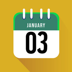January day 3. Number three on a white paper with green border on a yellow background calendar sheet. Vector illustration.