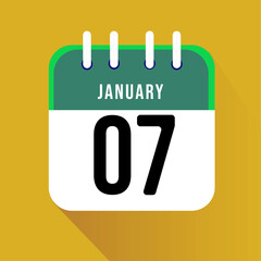 January day 7. Number seven on a white paper with green border on a yellow background calendar sheet. Vector illustration.