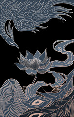 abstract illustration of mythological bird phoenix Fenghuang and lotus, black and gold - obrazy, fototapety, plakaty