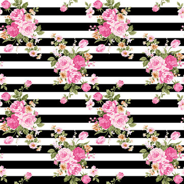 Hot Pink Black and White Stripes Paper Flowers Photography Backdrop  (Jackeline 55)