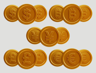 Set of golden coin with different sign on white background. 3d rendering