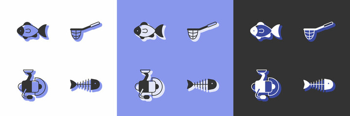 Set Fish skeleton, Spinning reel for fishing and Fishing net icon. Vector