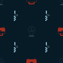Set Case or box for fishing equipment, Fishing hook and Hand ice drill on seamless pattern. Vector