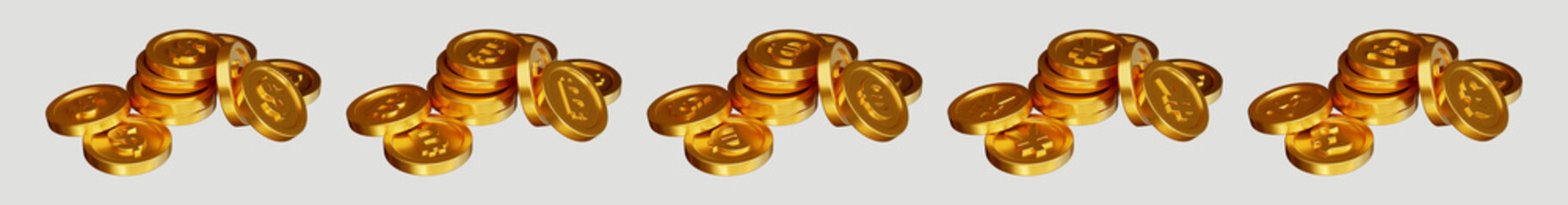 Set of golden coin with different sign on white background. 3d rendering