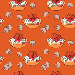 Cartoon spaghetti with meatballs, seamless vector pattern, hand drawing