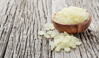 Mastic tears of Chios island on old wooden background