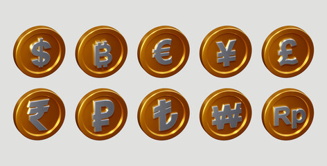 Set of golden coin with different sign on white background. 3d rendering