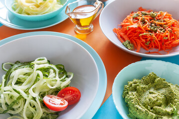 Spiral Fresh Carrot, Cucumber and Vegetable Marrow Spaghetti  with seeds, spinach and pesto - Vegetarian, Diet Food, Vegetable Salad