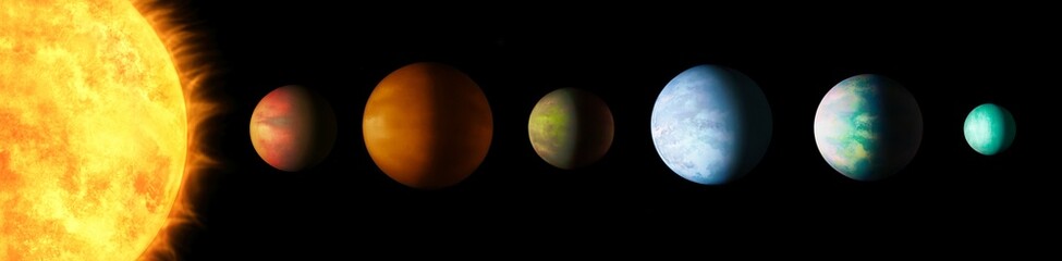 Planetary system with a star and exoplanets. Planets of different sizes and colors on a black background. Composite image. 