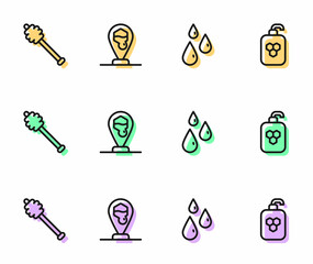 Set line Drops of honey, Honey dipper stick, Honeycomb bee location and Cosmetic tube with icon. Vector