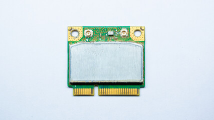 Modern fast WLAN. Wifi - M.2 PCIE module chip card for notebook laptop computer isolated white background. pc hardware technology.