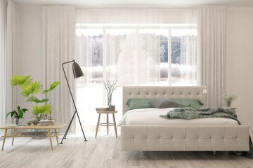 Stylish bedroom in white color with winter landscape in window. Scandinavian interior design. 3D illustration
