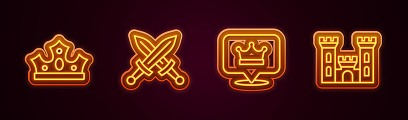 Set line King crown, Crossed medieval sword, and Castle. Glowing neon icon. Vector