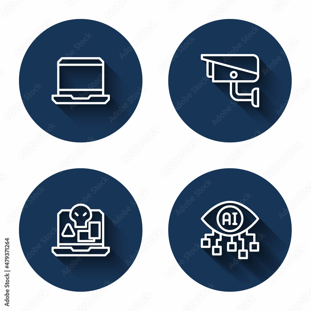 Poster set line laptop, security camera, internet piracy and computer vision with long shadow. blue circle 