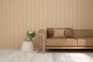 Colorful living room with leather sofa. Scandinavian interior design. 3D illustration