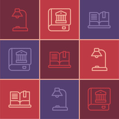 Set line Table lamp, Open book and Law icon. Vector