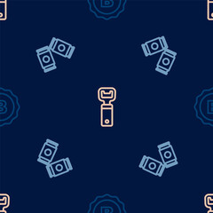 Set line Bottle cap, Beer can and opener on seamless pattern. Vector