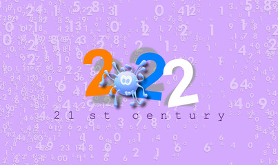 2022 21st century with a simulated drawing of the coronavirus virus inserted in the text. 3D ILLUSTRATION with background of random numbers standing out on an acid lilac color. Covid-19 pandemic.