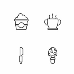 Set line Fly agaric mushroom, Knife, Popcorn in cardboard box and Bowl of hot soup icon. Vector