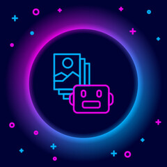 Glowing neon line Artificial intelligence robot icon isolated on black background. Machine learning, cloud computing. Colorful outline concept. Vector