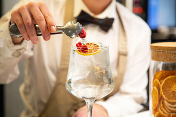 mixologist decorating a vodka and tonica cocktail in a restaurant bar