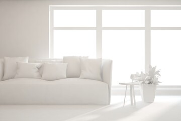 Mock up of stylish room in white color with sofa. Scandinavian interior design. 3D illustration