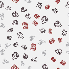 Set line Water tap, Hand holding Earth globe, Leaf hand and Bio fuel canister on seamless pattern. Vector