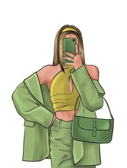 A young girl takes a selfie through a mirror. A girl dressed in retro or 80s style. A fashionable teenage girl with a phone in her hands. Illustration