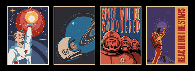 Fototapeta na wymiar Space Propaganda Poster Set, Retro Futurism Illustrations Style, Cosmonauts and Astronauts