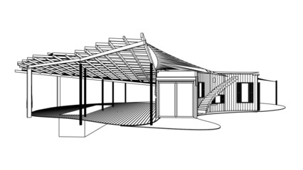 3d render of a modern house with pergolas, sketch - obrazy, fototapety, plakaty