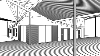 3d render of a modern house with pergolas, sketch