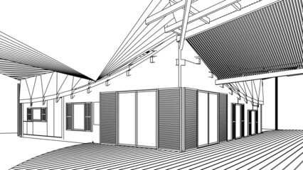 3d render of a modern house with pergolas, sketch