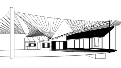 3d render of a modern house with pergolas, sketch