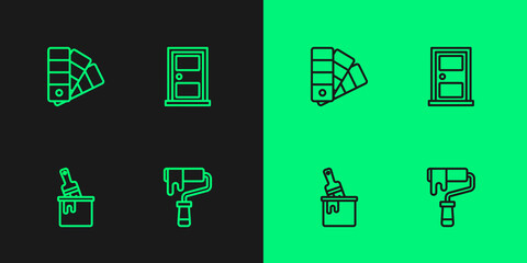 Set line Paint roller brush, bucket with, Color palette guide and Closed door icon. Vector