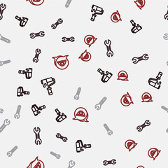 Set line Paint roller brush, Wrench spanner, and Worker safety helmet on seamless pattern. Vector