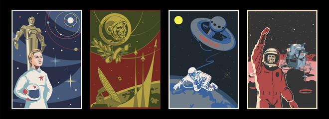 Space Propaganda Poster Set, Retro Futurism Space Illustrations Style, Cosmonauts and Astronauts, Space Rockets and Orbital Station