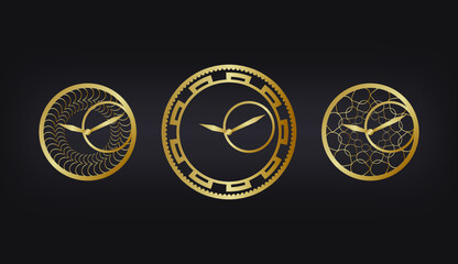 set of vector icons, gold abstract clock on black background