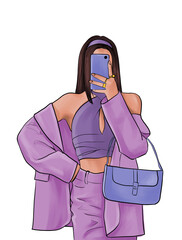 A young girl takes a selfie through a mirror. A girl dressed in retro or 80s style. A fashionable teenage girl with a phone in her hands. Illustration