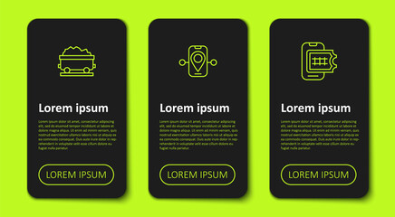 Set line Coal train wagon, Route location and Online ticket booking. Business infographic template. Vector