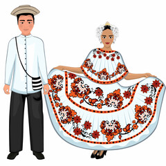 Woman and man in folk national Panama costumes. Vector illustration