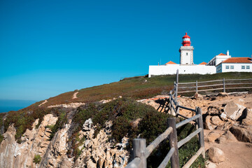 Fototapeta na wymiar View of the Cabo da Roca Lighthouse on the Farol de Cabo da Roca , Portugal.