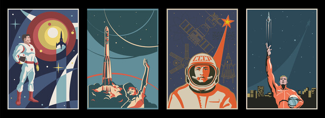 Space Propaganda Poster Set, Retro Future Science and Space Illustration Style, Cosmonauts and Astronauts, Space Rockets and Satellites © koyash07