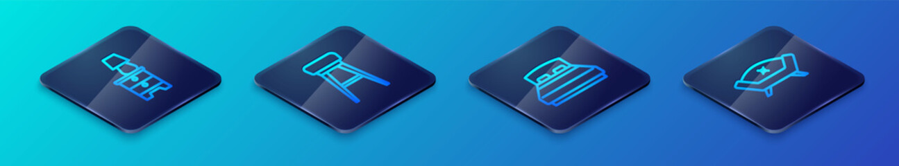 Set Isometric line Big bed, Furniture nightstand with lamp, Sofa and Chair icon. Vector