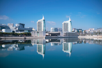 View of the cityscape and waterfront in Lisbon, Portugal.