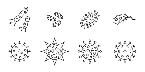 Conjunto de virus, bacterias, bacilos, germen, microbio. Concepto de partículas infecciosas. ilustraciones vectoriales