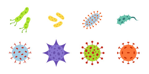Conjunto de virus, bacterias, bacilos, germen, microbio. Concepto de partículas infecciosas. ilustraciones vectoriales, estilo de colores